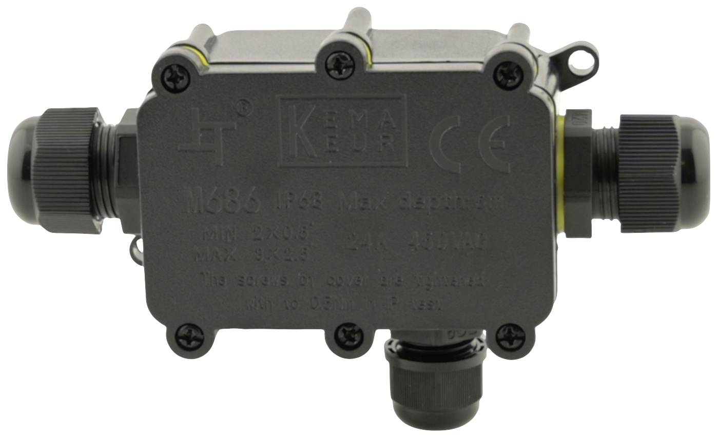 Czarny, prostokątny rozdzielacz z oznakowaniem KEMA-KEUR i CE, odpowiedni do połączeń kablowych wewnątrz i na zewnątrz budynków.