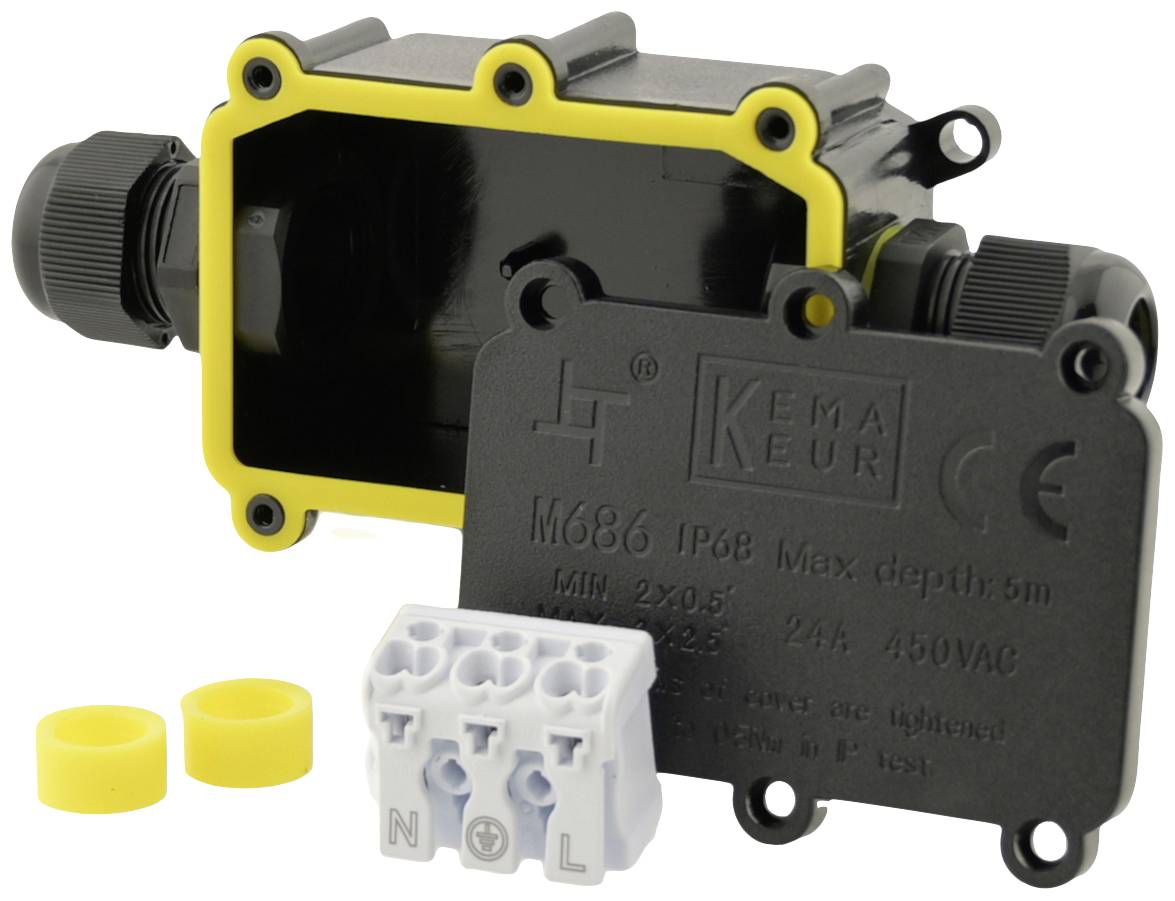 Elektryczna puszka przyłączeniowa z zdejmowalną pokrywą, dławicą kablową i listwą zaciskową. Odpowiednia do zastosowań na zewnątrz, certyfikowana zgodnie z normą IP68.