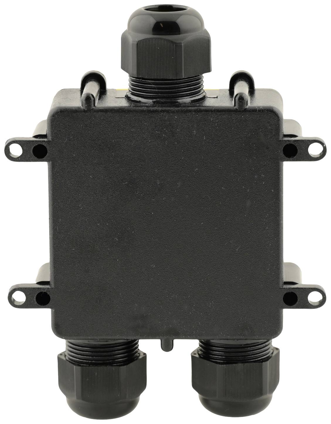 'Czarna puszka instalacyjna z tworzywa sztucznego z pięcioma symetrycznie rozmieszczonymi dławnicami kablowymi, przeznaczona do instalacji elektrycznych na zewnątrz.'