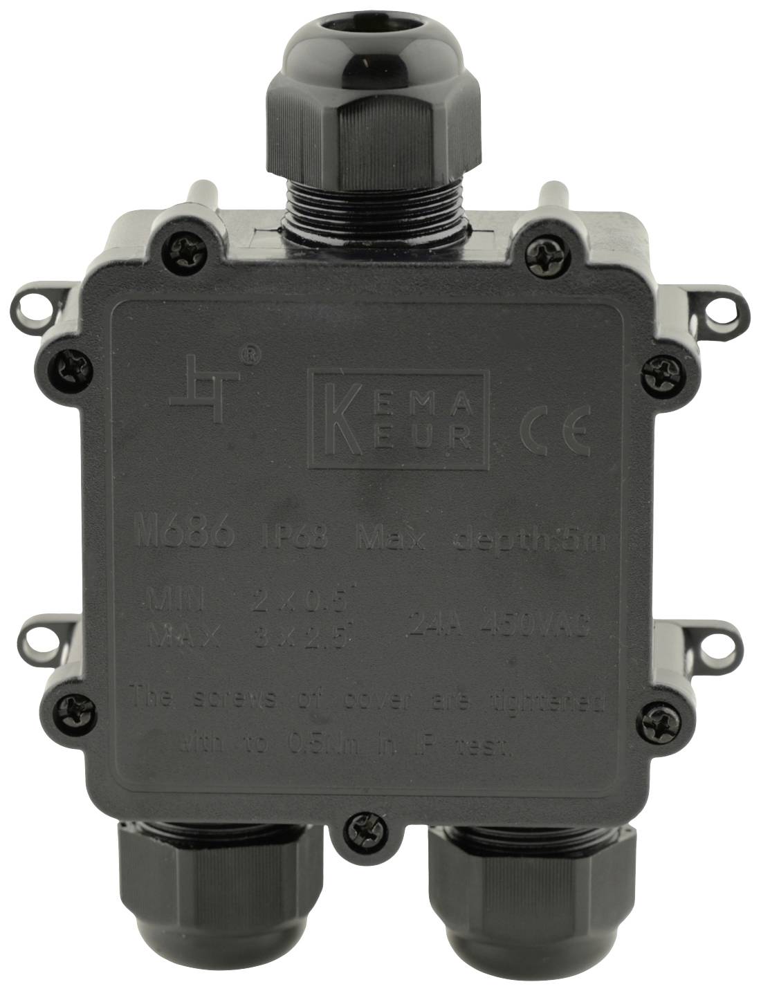 Czarna elektryczna puszka przyłączeniowa z wieloma otworami kablowymi i certyfikatem bezpieczeństwa na przedniej stronie.