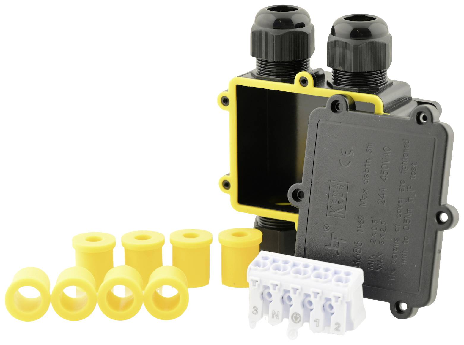 Elektryczna skrzynka przyłączeniowa z otwartą pokrywą, dwiema dławnicami kablowymi, kilkoma żółtymi przepustami kablowymi oraz listwą zaciskową.