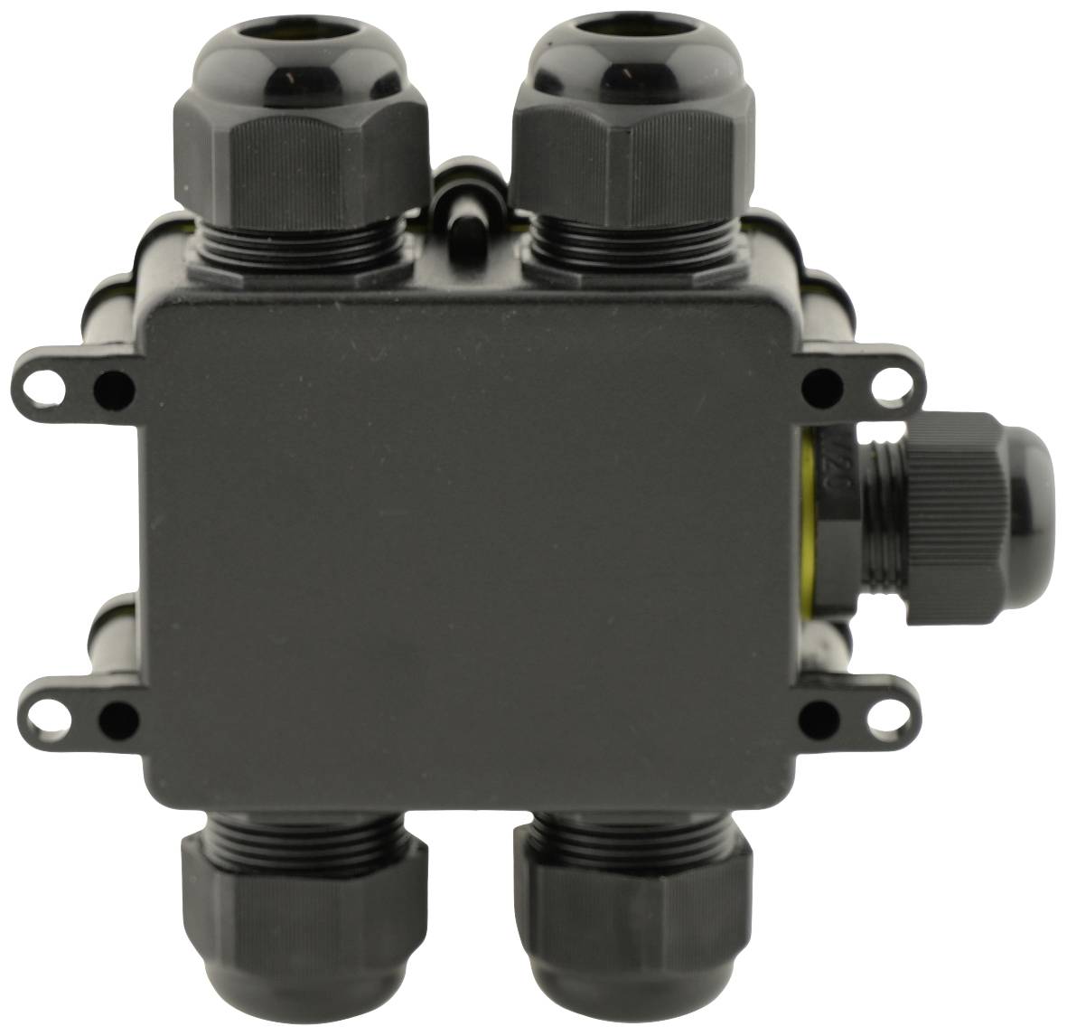 Czarny rozdzielacz kablowy z pięcioma złączkami gwintowanymi do przepustów. Nadaje się do zewnętrznych instalacji elektrycznych.