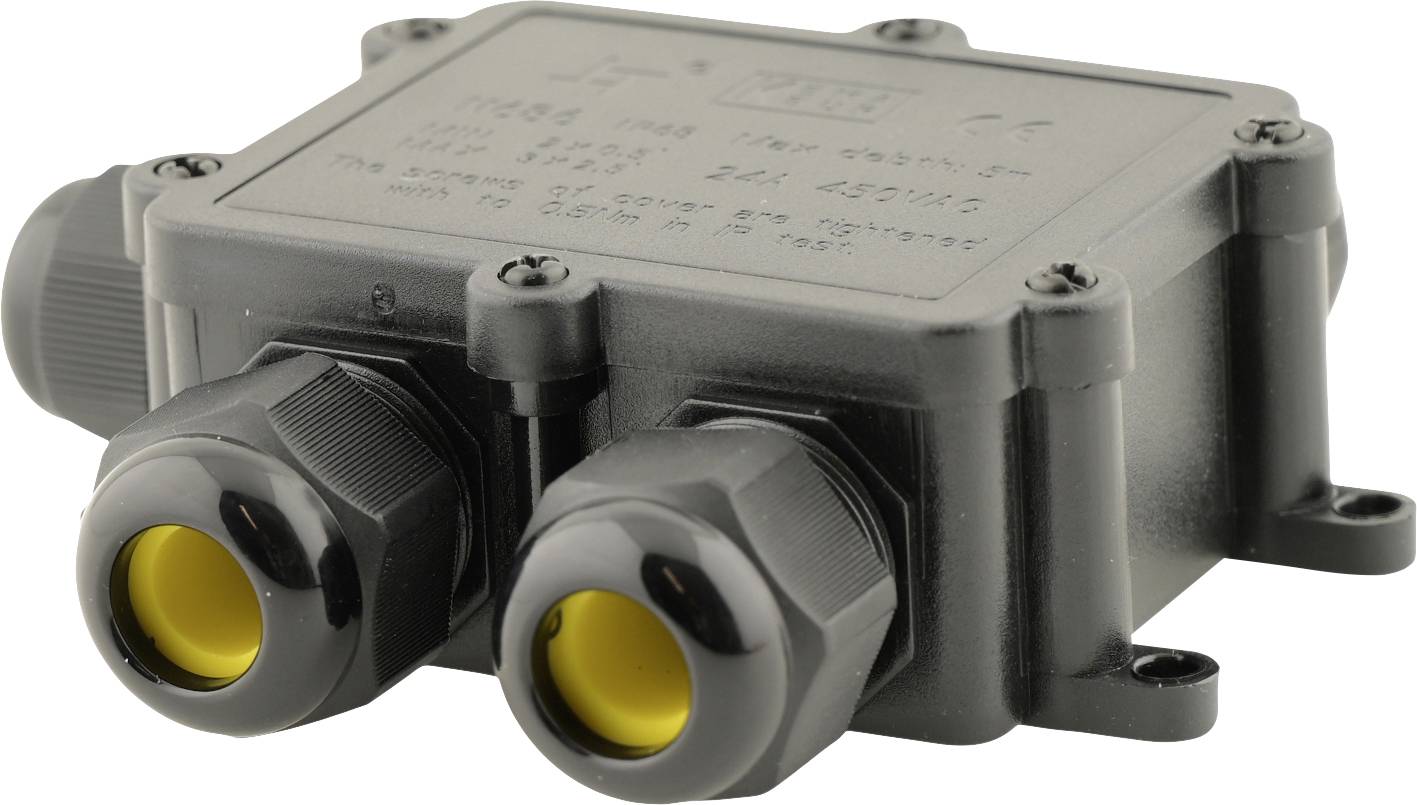 Czarne elektryczne pudełko przyłączeniowe z dwoma przepustami kablowymi, z jednej strony znajdują się oznaczenia techniczne.