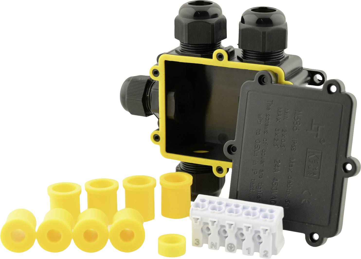 Wodoodporna skrzynka rozdzielcza w kolorach czarnym i żółtym, z dławnicami kablowymi i listwą zaciskową, z zdejmowaną pokrywą.