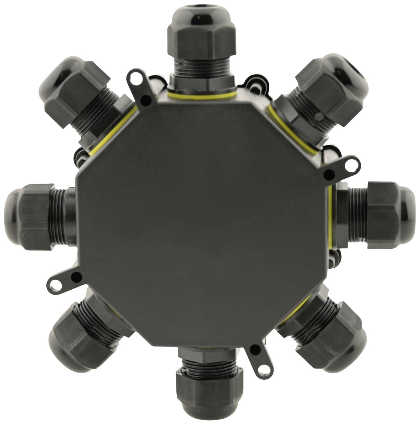 Czarny, ośmiokątny rozdzielacz z ośmioma przyłączami kablowymi, rozmieszczonymi symetrycznie, na białym tle.