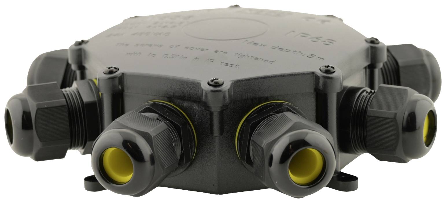 Sześciokątna czarna obudowa z żółtymi wstawkami i wieloma złączami kablowymi, odpowiednia do instalacji okablowania.