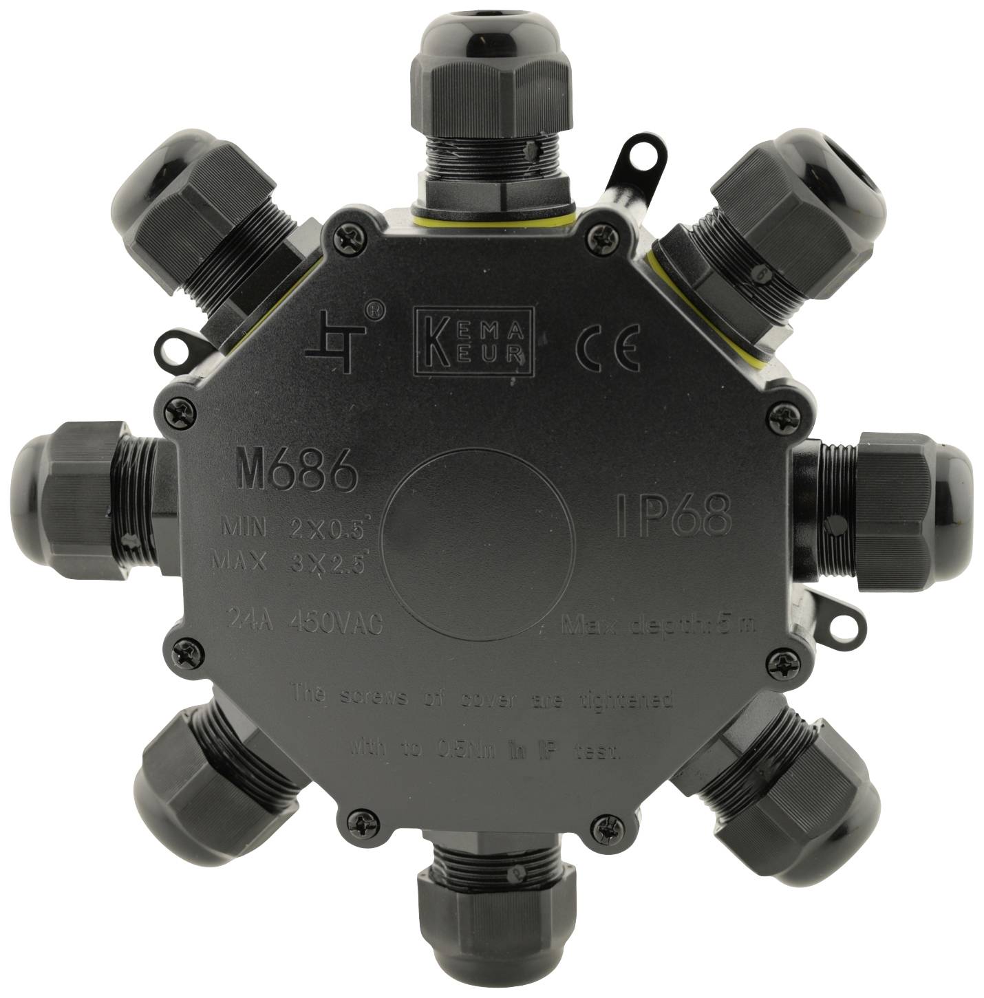 Czarna elektryczna puszka rozdzielcza z sześcioma dławnicami kablowymi i specyfikacjami technicznymi takimi jak 'M686 IP68 MAX 3X2.5'.