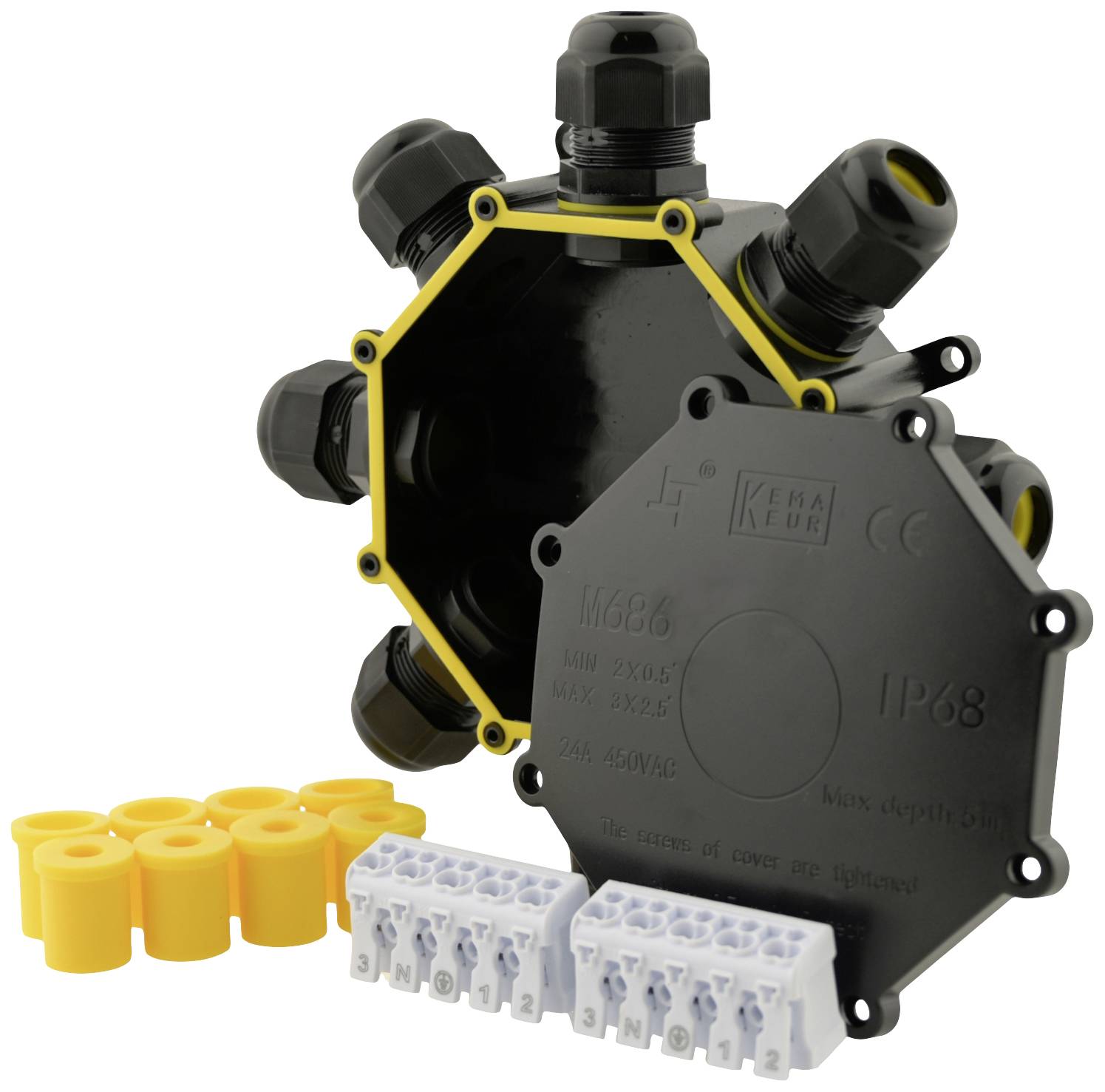 Czarny, sześciokątny rozdzielacz kablowy z zdejmowaną pokrywą, żółtymi uszczelkami i wieloma przyłączami kablowymi. Certyfikowany zgodnie z normą IP68.