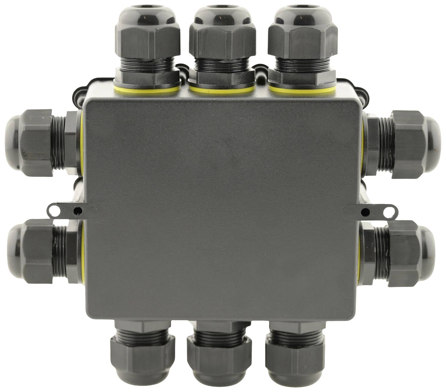 Czarny rozdzielacz kablowy z ośmioma przepustami kablowymi na prostokątnej obudowie, odpowiedni do zastosowań zewnętrznych lub przemysłowych.