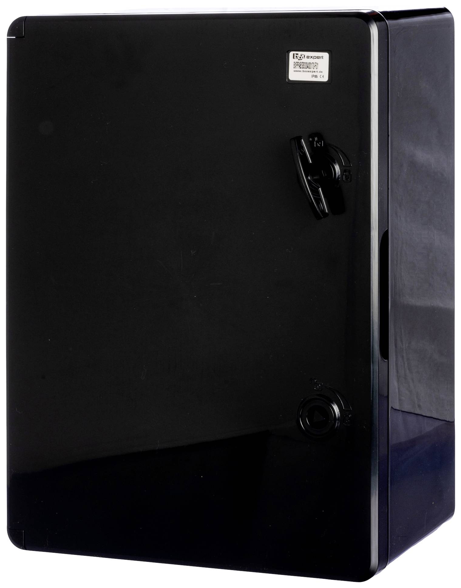 Czarny metalowy szafka z uchwytem i zamkiem z przodu, prawdopodobnie przeznaczona do bezpiecznego przechowywania przedmiotów.