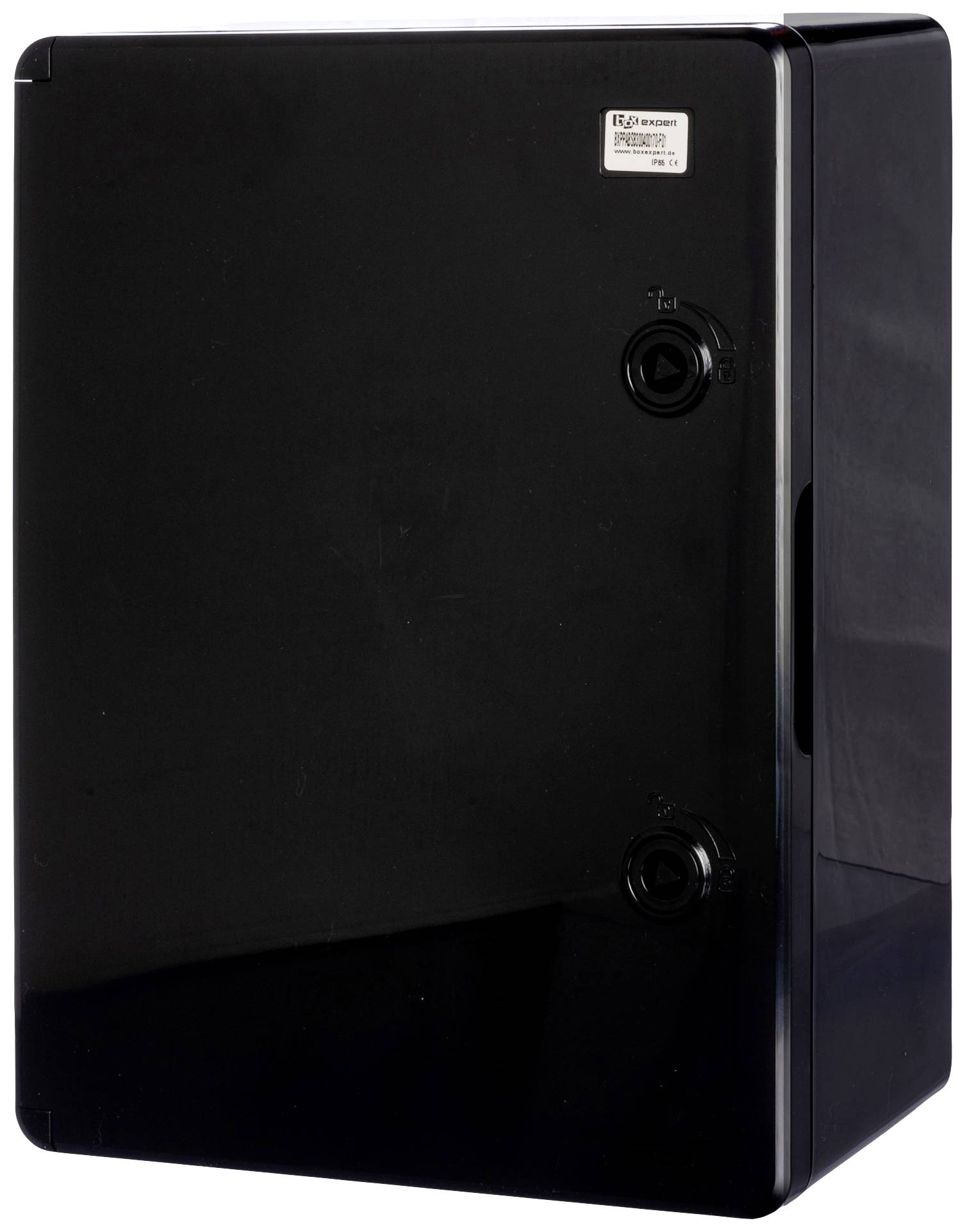 Czarny, prostokątny elektryczny rozdzielacz z dwoma okrągłymi przełącznikami z przodu i małą etykietą na górze.