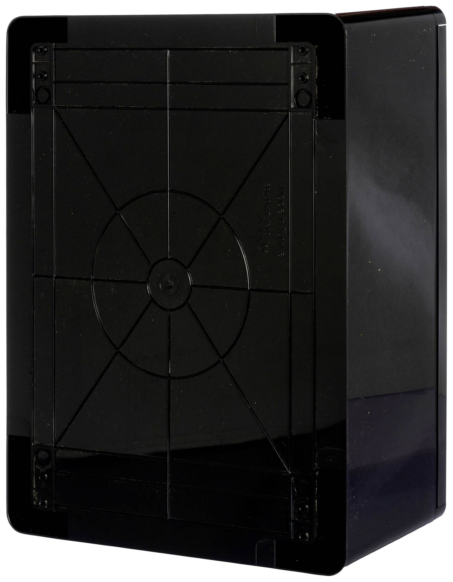 Czarna obudowa z tworzywa sztucznego o prostokątnym kształcie z rowkowanym wzorem na przedniej części.