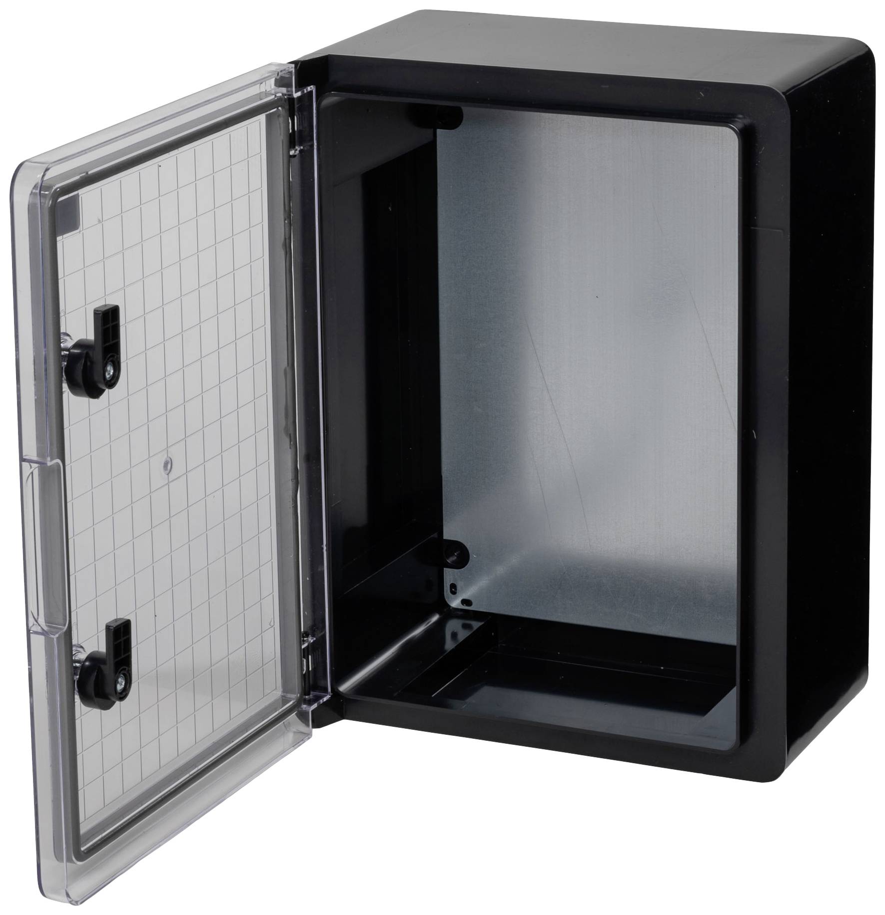Otwarty, pusty czarny pojemnik z przezroczystymi drzwiczkami. Odpowiedni do przechowywania lub zabezpieczania przedmiotów.