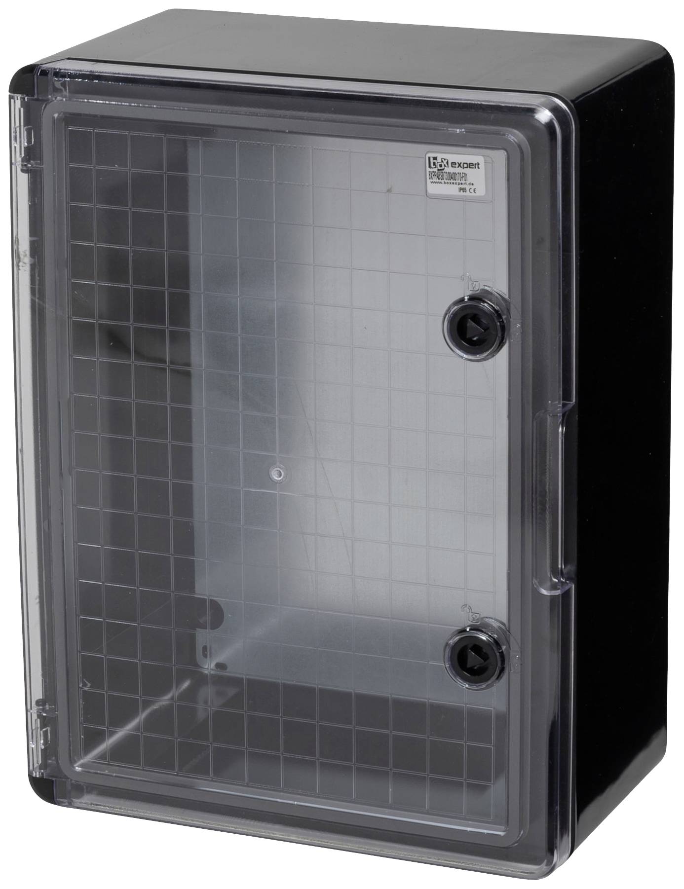Czarny schowek ścienny z przezroczystymi, zamykanymi drzwiczkami i wewnętrznymi ściankami bocznymi z siatki, odpowiedni do zabezpieczenia i przechowywania.