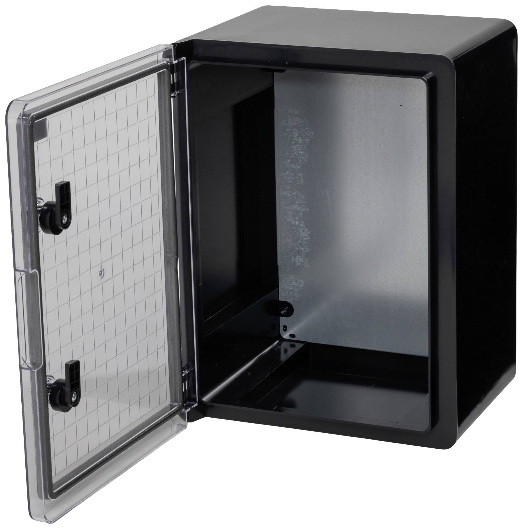 Otwarty mały czarny sejf z przezroczystymi drzwiami. Wnętrze jest puste i ukazuje metalowe ściany. Drzwi posiadają dwa zamki.