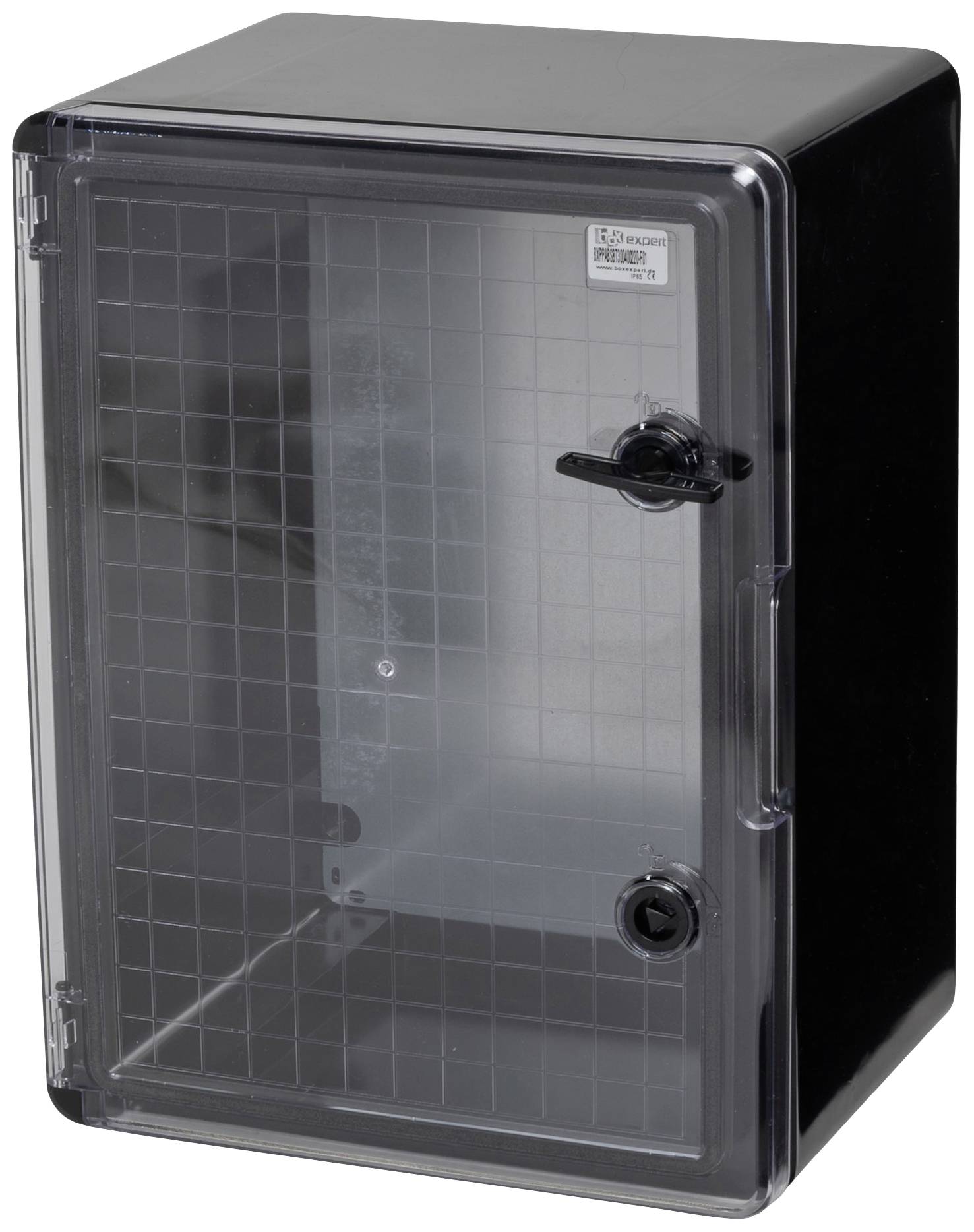 Prostokątna, czarna szafka naścienna z przezroczystymi drzwiczkami i zamkiem z boku.