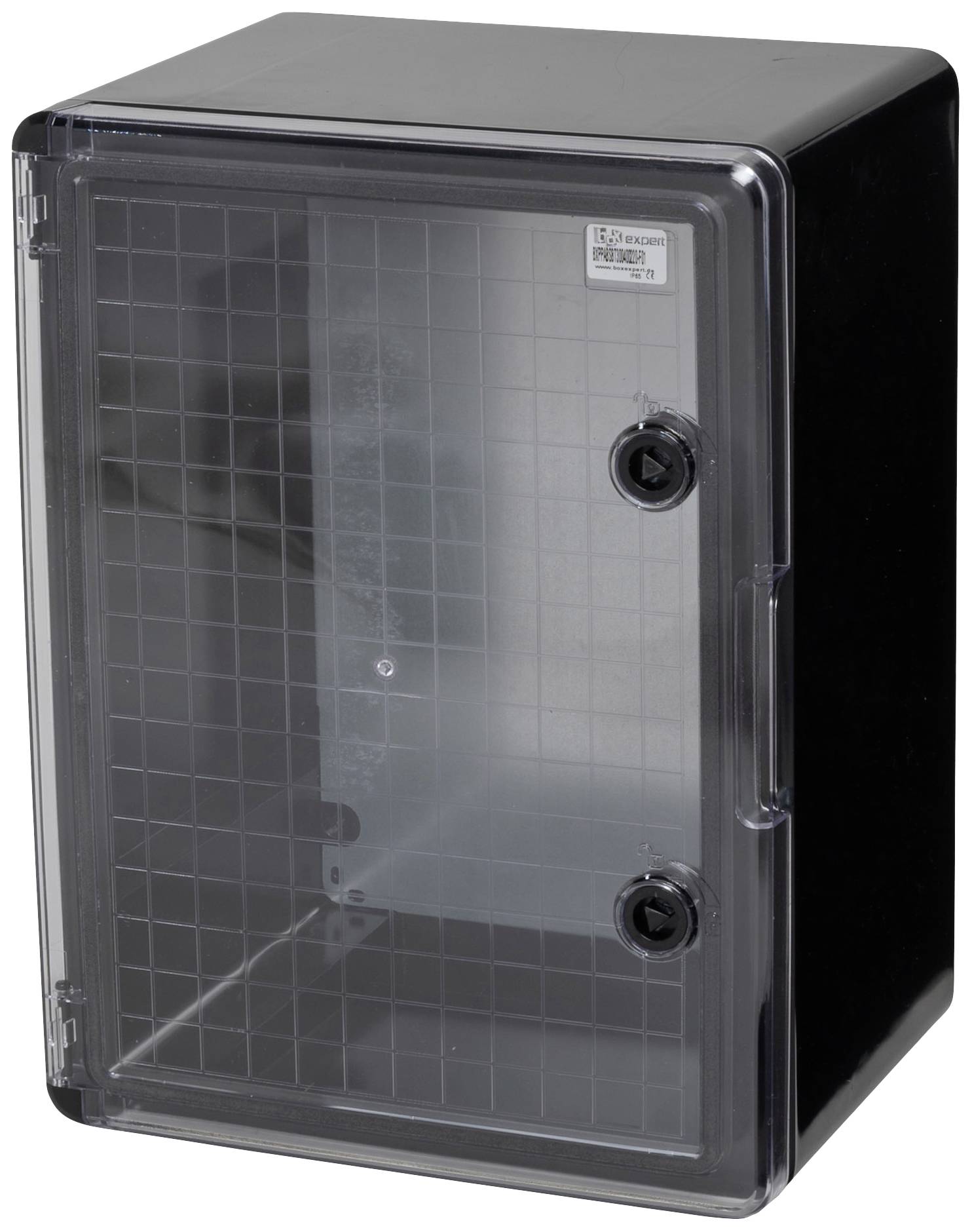 Czarny plastikowy pojemnik z przezroczystymi drzwiczkami i dwoma zamknięciami, odpowiedni do ochrony urządzeń elektronicznych.