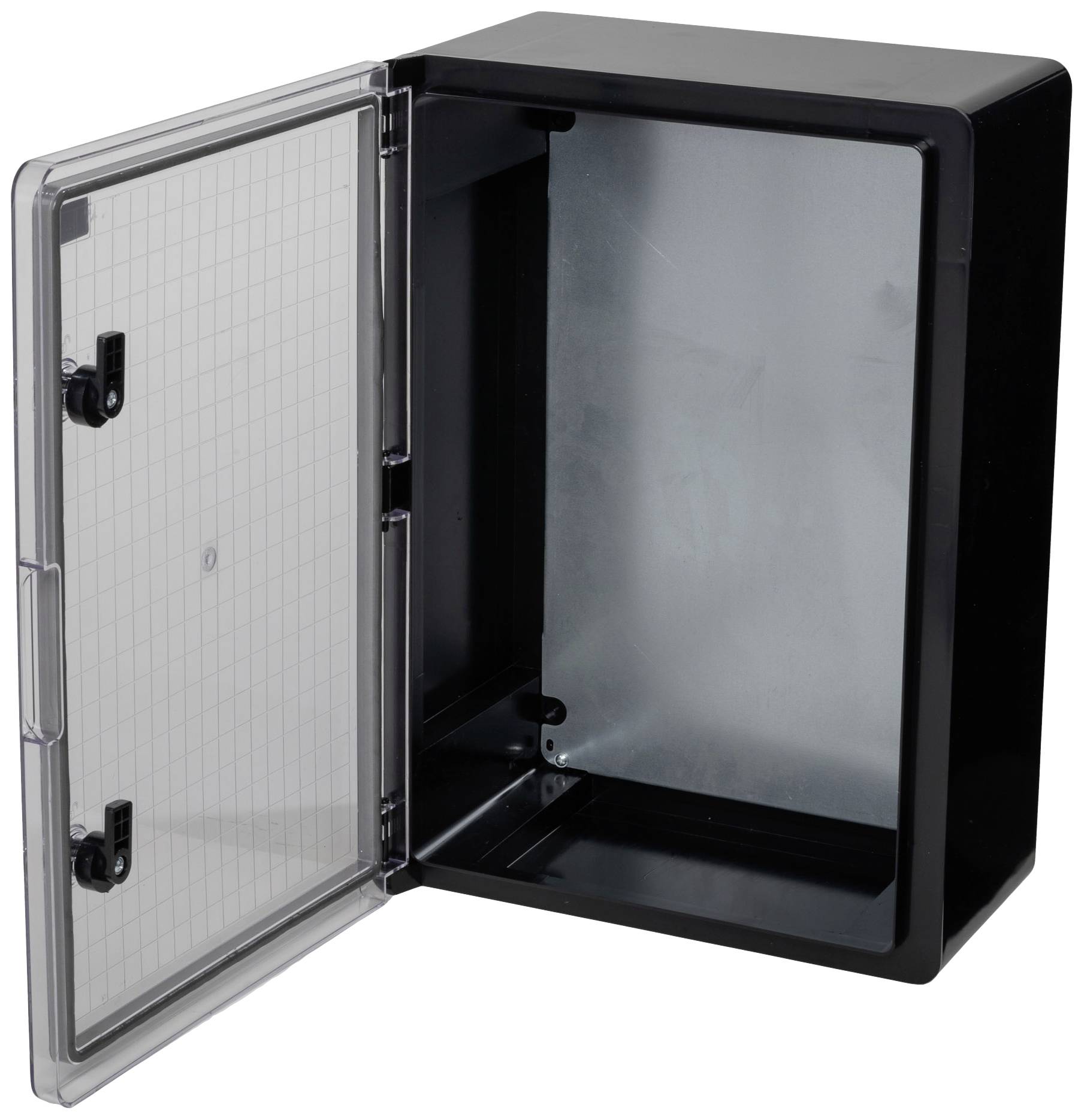 Otwarty czarny metalowy pojemnik z przezroczystą, kratowaną pokrywą i dwoma zatrzaskami. Wnętrze puste.