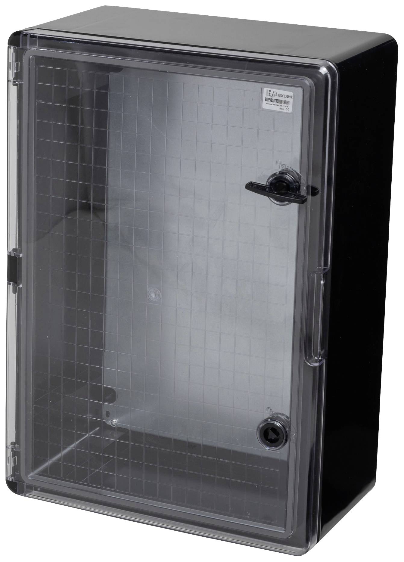 Czarny plastikowy pojemnik z przezroczystą przednią ścianką i uchwytem, odpowiedni do przechowywania urządzeń elektrycznych lub narzędzi.