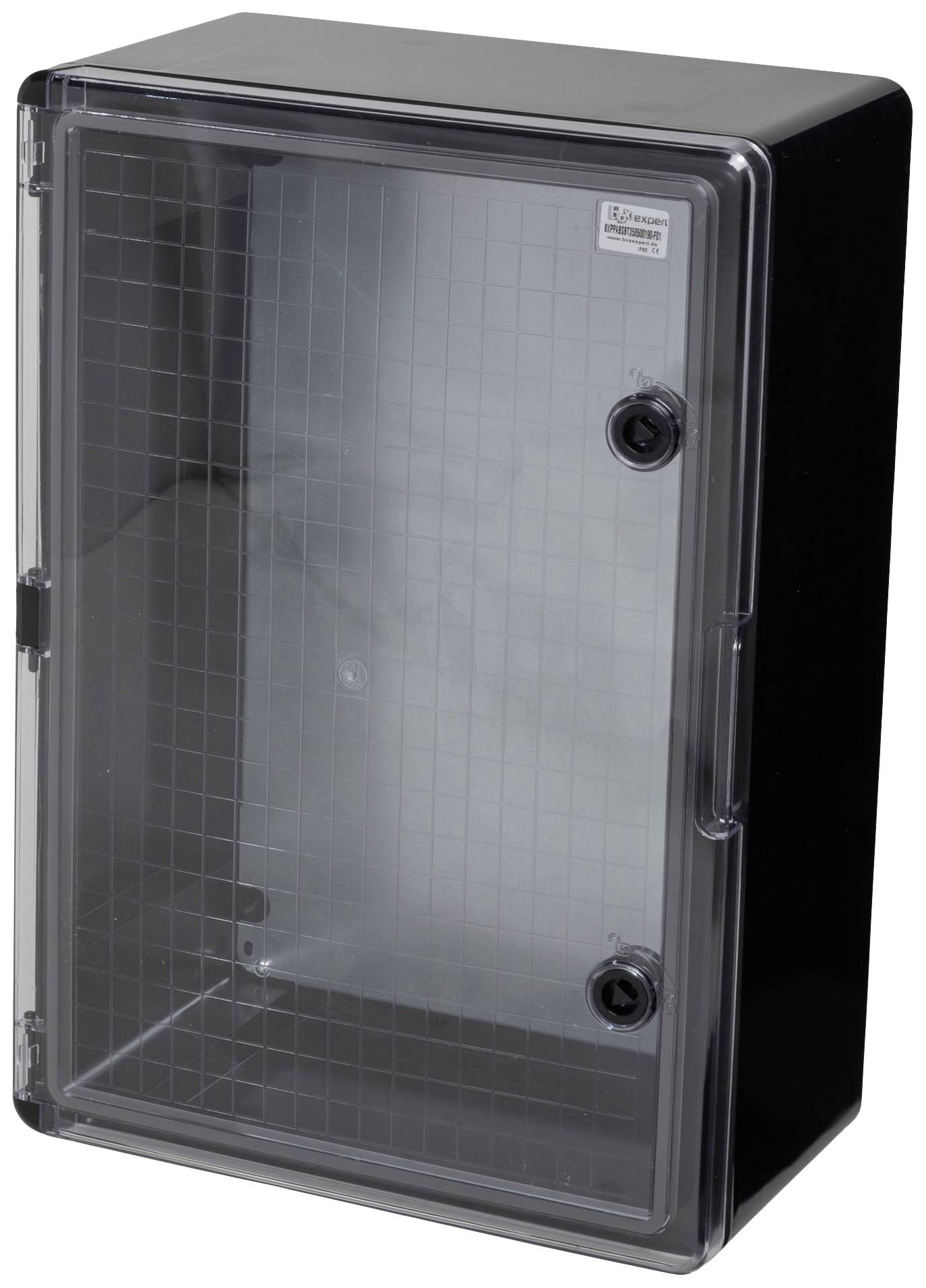 Czarna obudowa elektryczna z przezroczystymi drzwiczkami, wzorem kratownicowym i dwoma zamkami obrotowymi, przeznaczona do montażu naściennego.