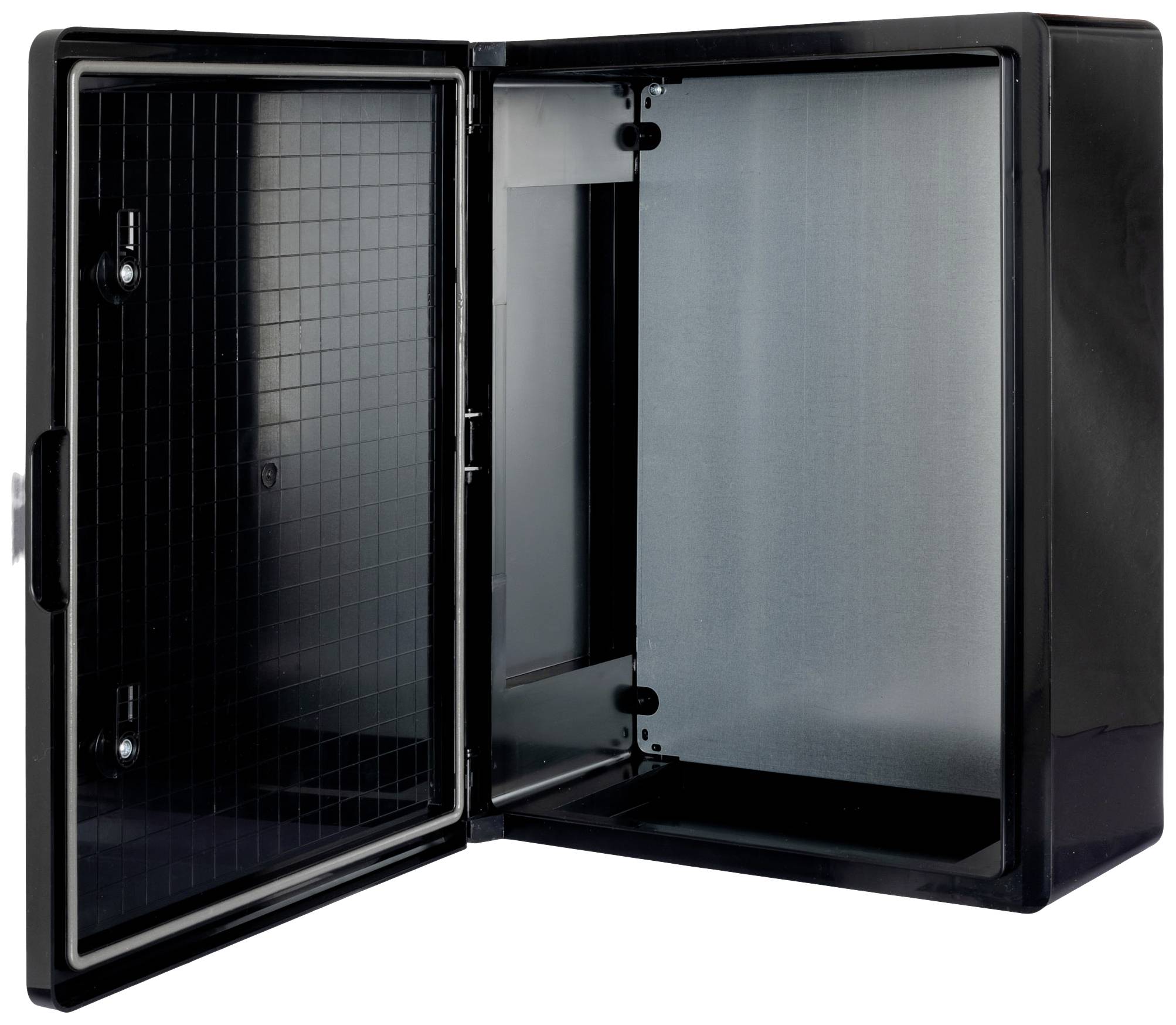 Czarny, otwarty metalowy szafka z dwoma drzwiami, które w środku ukazują wzór kratownicy. Żadna zawartość nie jest widoczna.