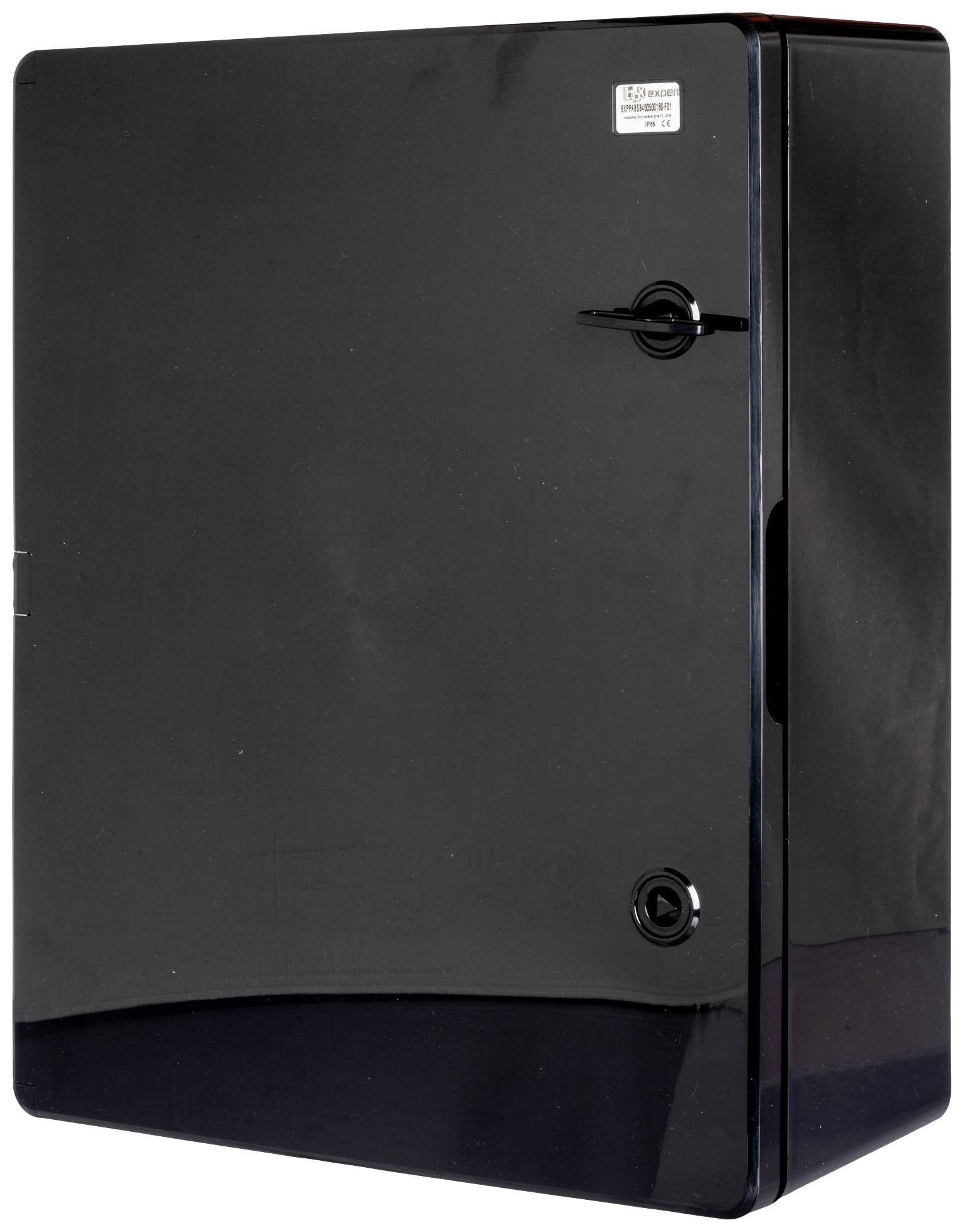 Czarna lodówka o błyszczącej powierzchni, prostokątnego kształtu, z uchwytami na górze i dole drzwi. Brak dodatkowych widocznych szczegółów.