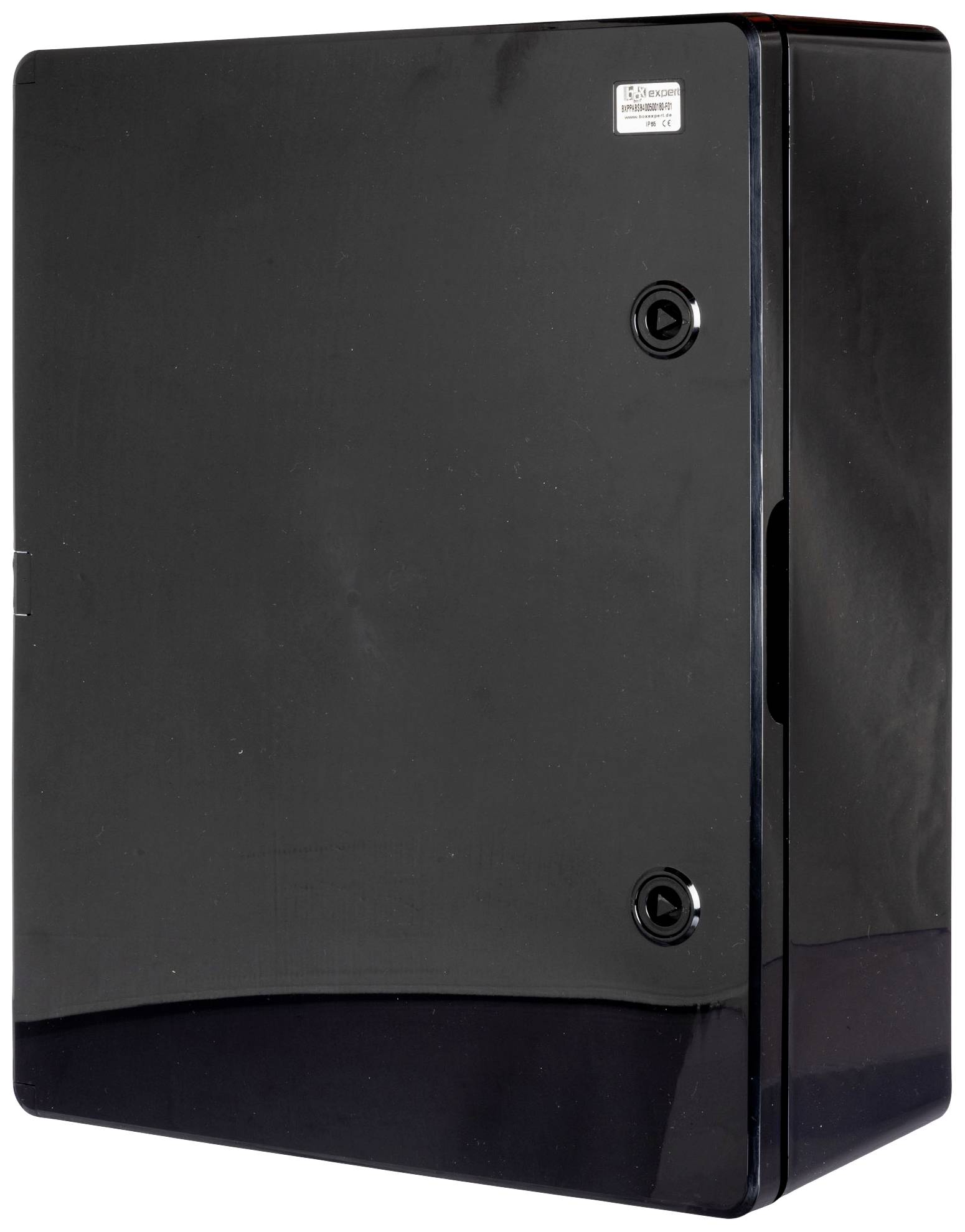 Czarny szafa ścienna z dwoma okrągłymi uchwytami. Projekt jest prosty i nowoczesny. Odpowiednia do biur lub zastosowań przemysłowych.