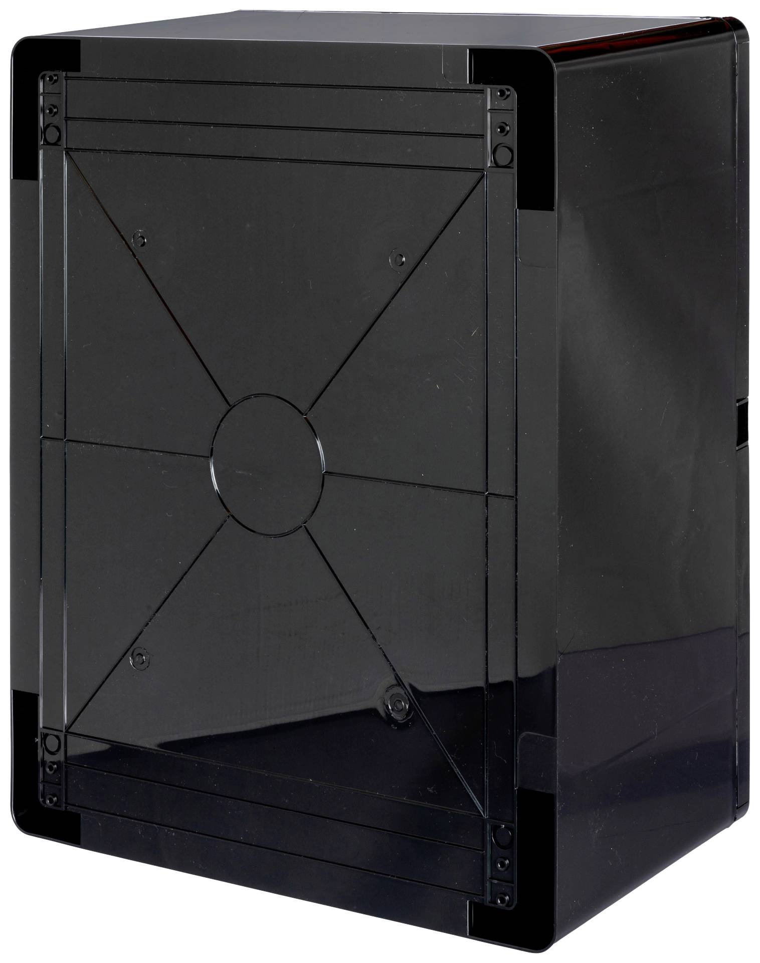 Czarny, prostokątny stojak wystawienniczy o prostych liniach i gładkiej powierzchni, umieszczony na neutralnym tle.