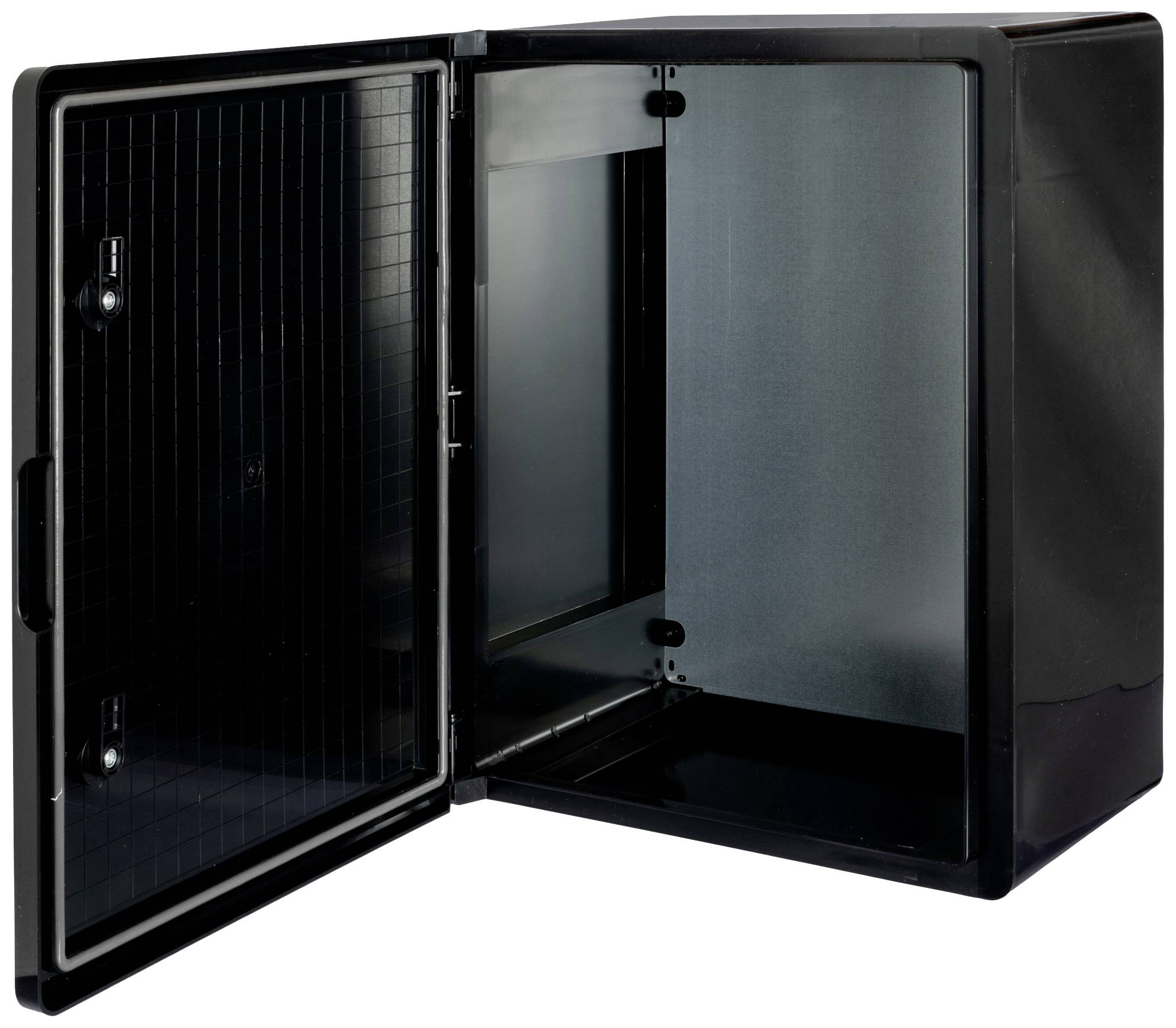 Otwarta czarna szafa z metalowym wnętrzem. Drzwi mają małe haczyki od wewnętrznej strony. Idealna do przechowywania.