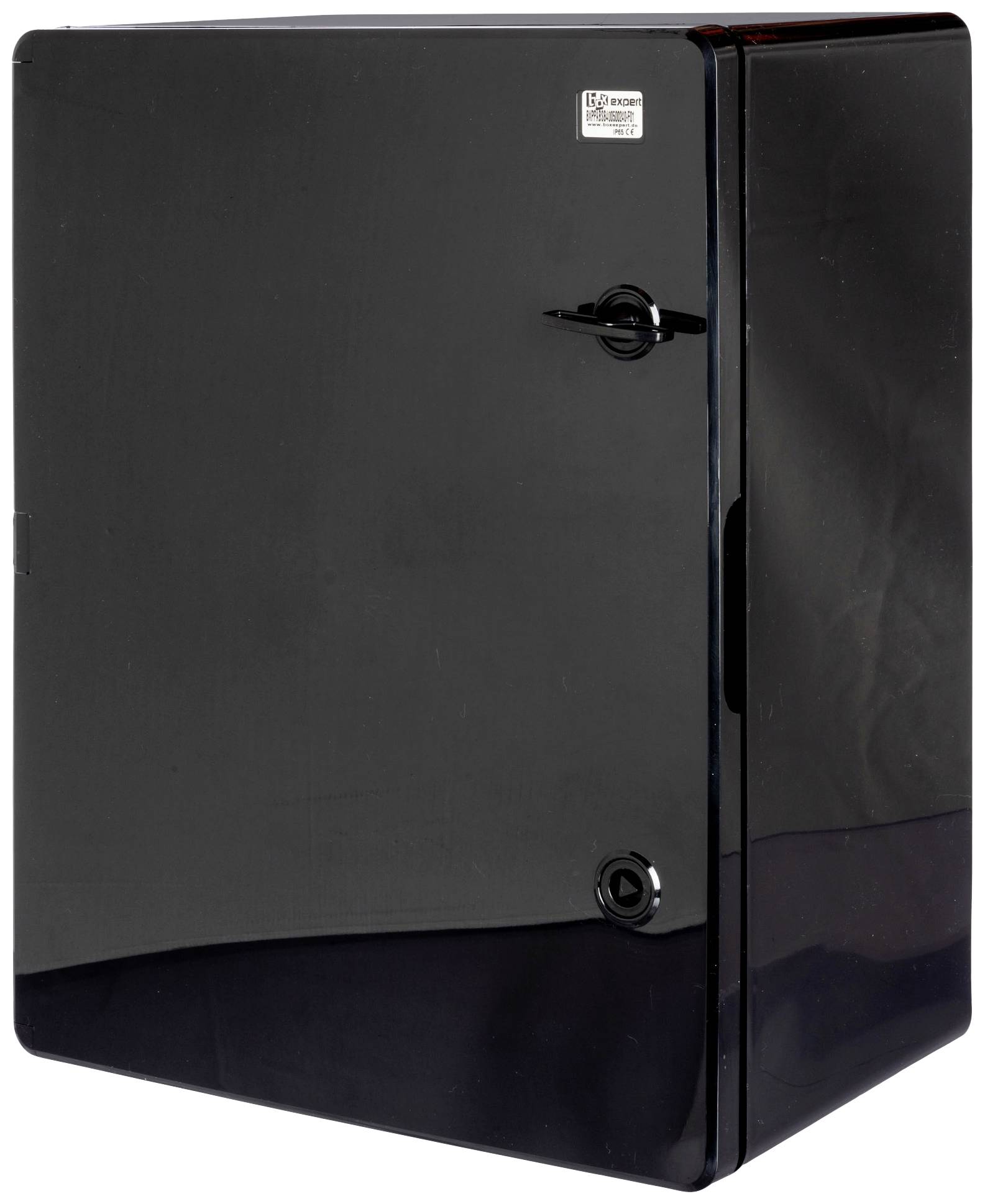 Czarny, błyszczący mini-lodówka z dwoma okrągłymi uchwytami. Kwadratowy kształt, pozbawiony widocznych elementów oznakowania lub dekoracji.