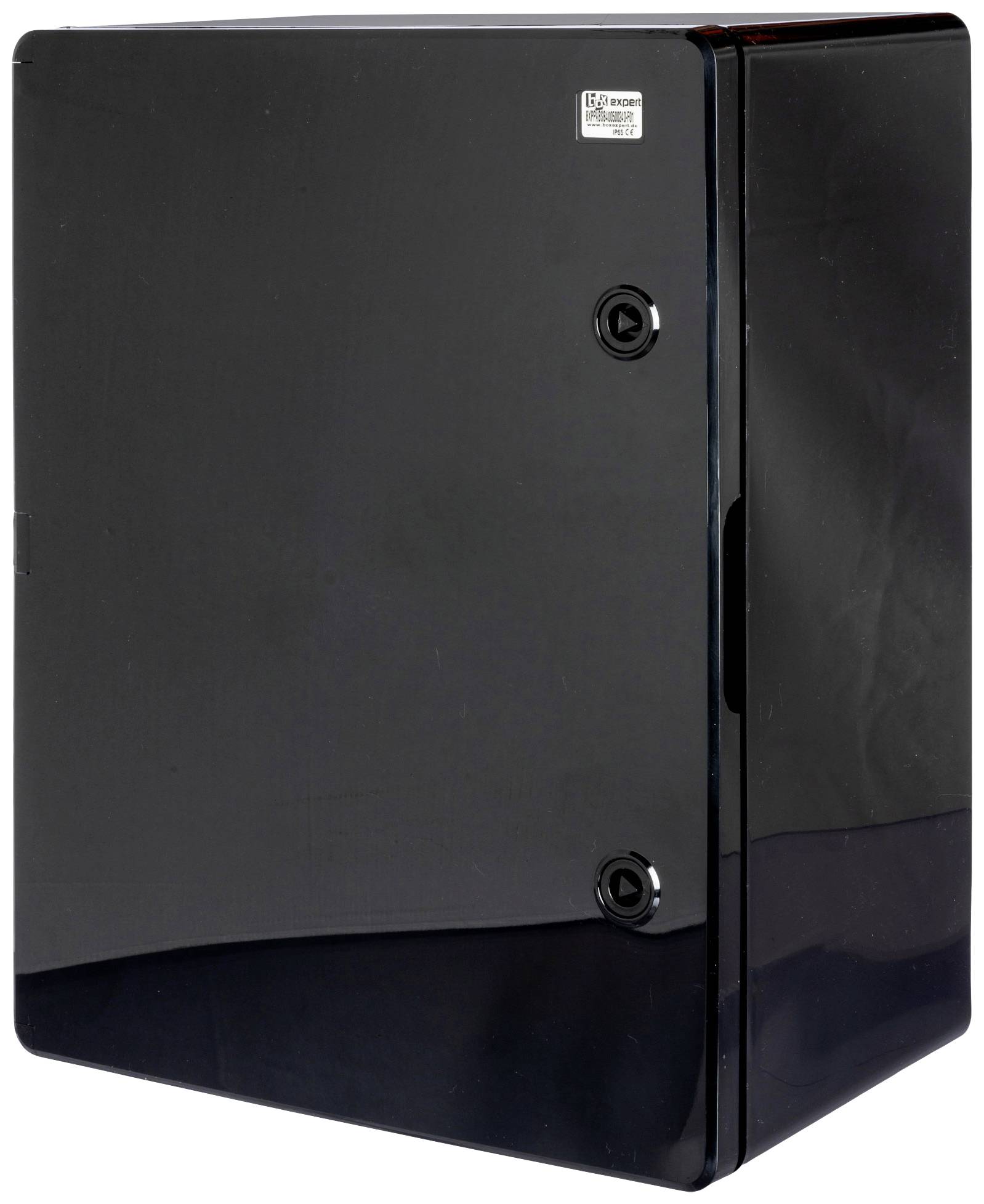 Czarny, nowoczesny lodówka o błyszczącej powierzchni z dwoma okrągłymi uchwytami na przedniej części drzwi.