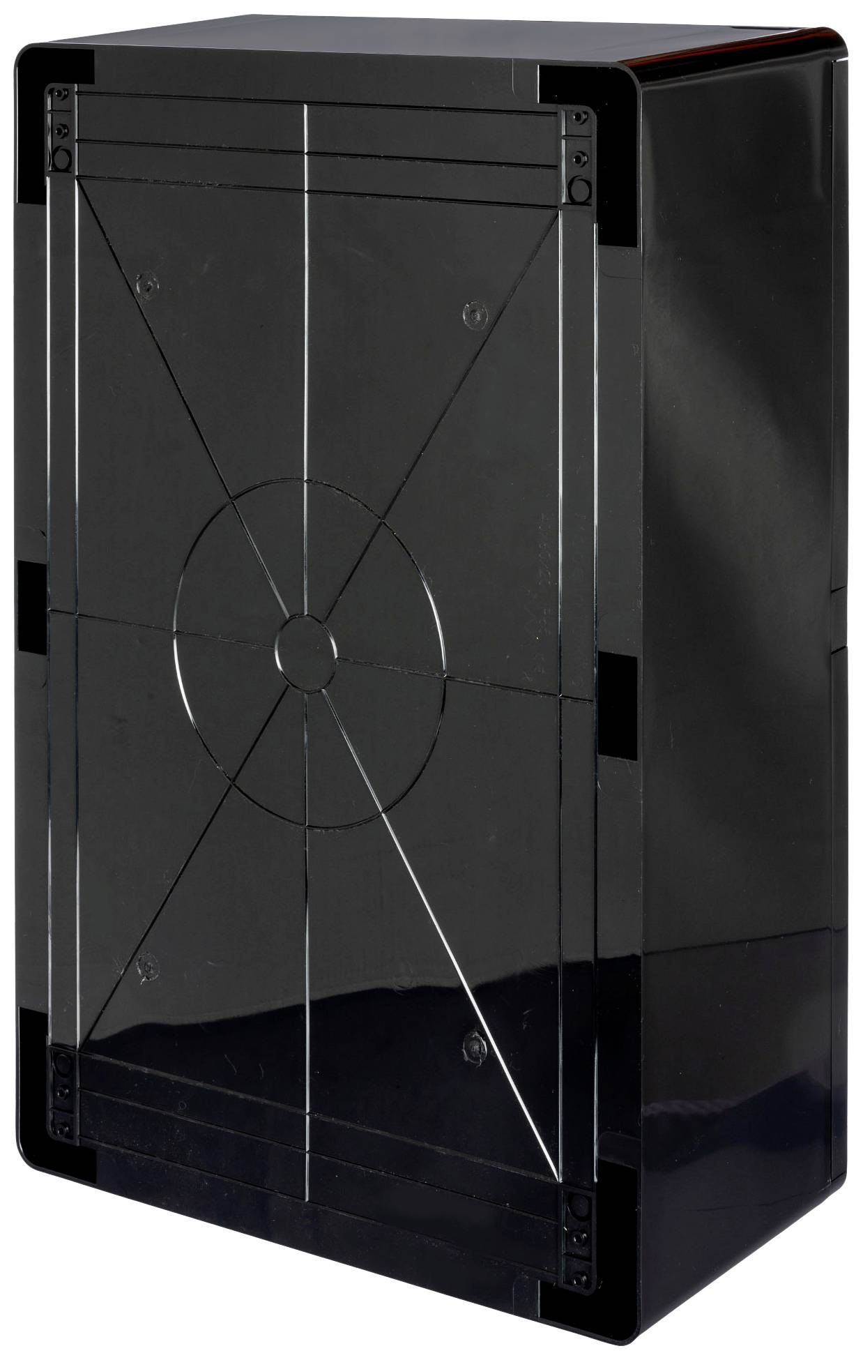 Czarny, prostokątny głośnik z błyszczącą powierzchnią i geometrycznymi liniami na froncie.