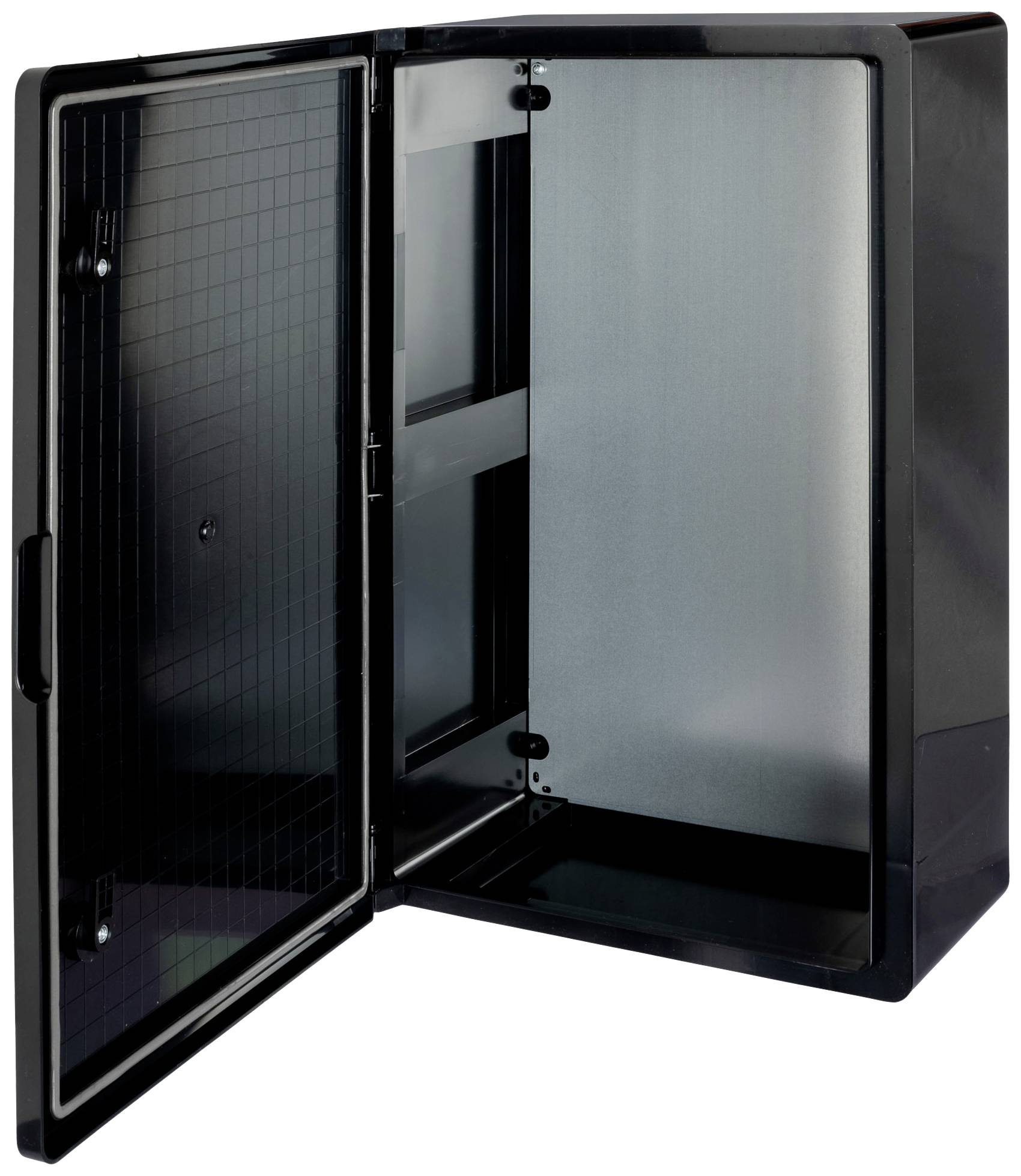 Otwarty, pusty czarny szafka, odpowiedni do przechowywania elektroniki lub kabli. Wnętrze widoczne z wzorem kratownicy.