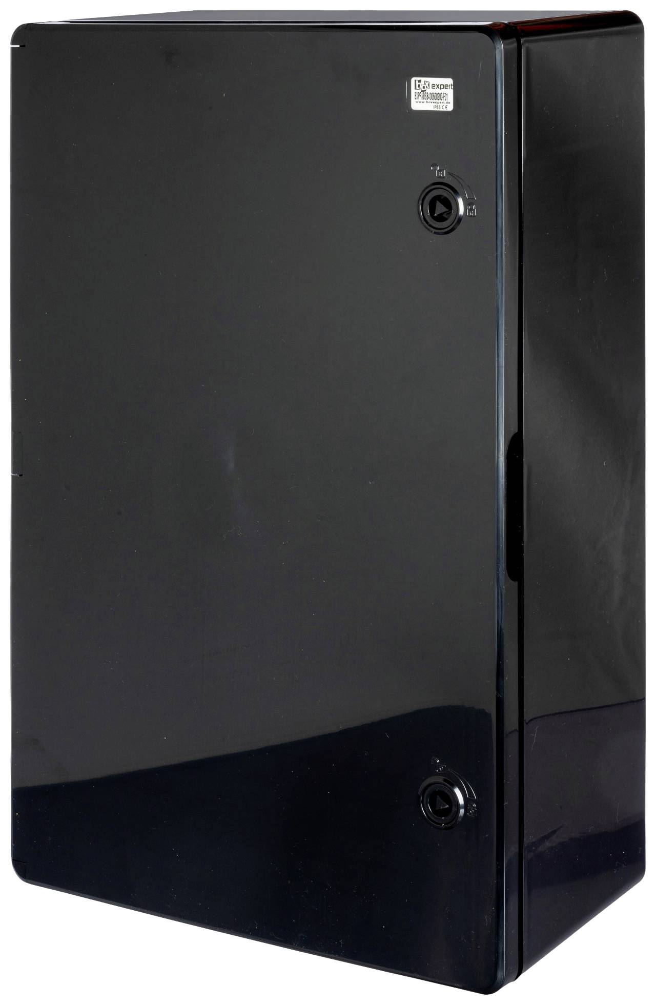 Czarny, prostokątny metalowy skrzynka bezpieczników z dwoma okrągłymi zamknięciami.