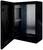 Pusty, otwarty czarny szafa z drzwiami zamontowanymi z boku i widocznymi metalowymi ściankami tylnymi. Wnętrze jest całkowicie puste.
