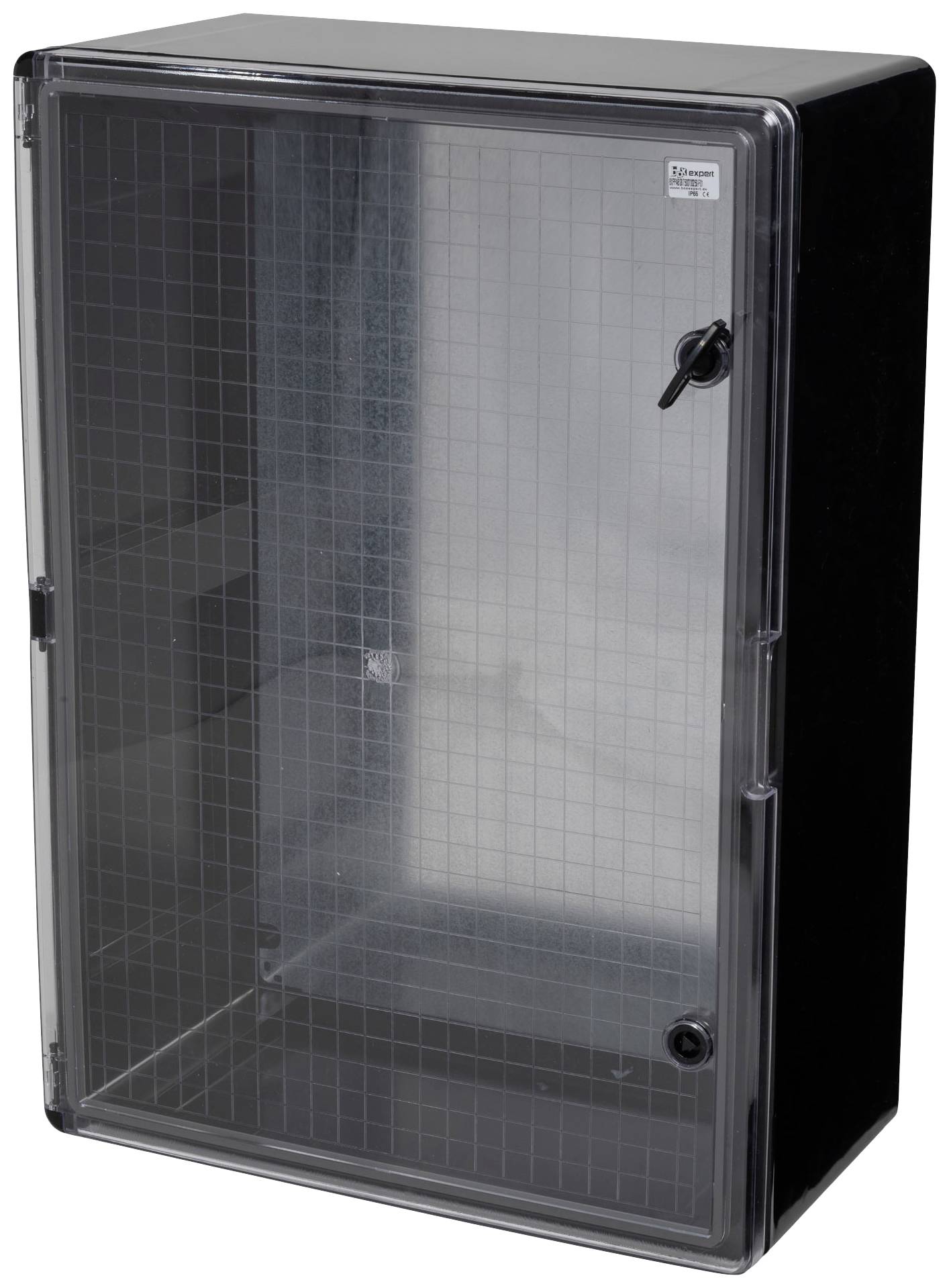 Czarna obudowa z przezroczystymi drzwiczkami, zamknięta na klucz. Wewnątrz widoczna struktura kratowa.
