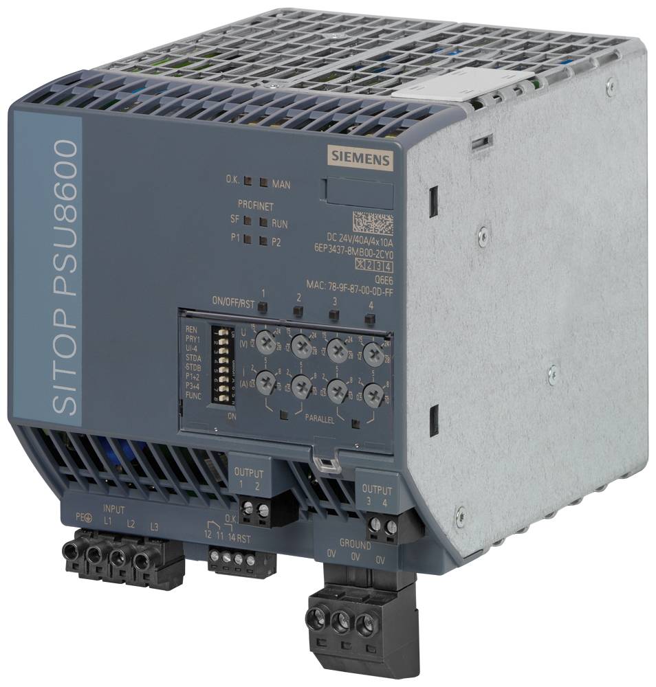 Zasilacz Siemens SITOP PSU8600, obudowa w kolorze szarym, elementy przyłączeniowe i sterujące widoczne z przodu, przeznaczony do zastosowań przemysłowych.