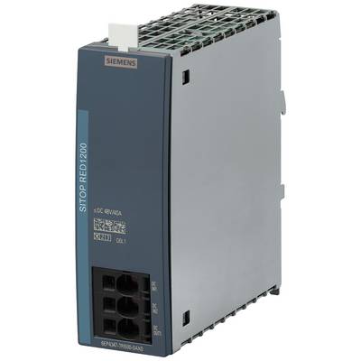 Szary elektryczny element ze wspornikiem z napisem 'SIEMENS SITOP RED1200', prezentujący złącza i oznaczenia techniczne na przedniej ściance.