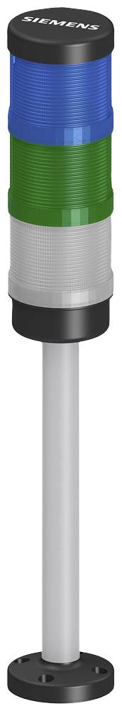 Przemysłowa lampa sygnalizacyjna z trzema segmentami: niebieskim, zielonym i szarym. Zamocowana na metalowym słupku. Używana do wskazywania statusu maszyny.