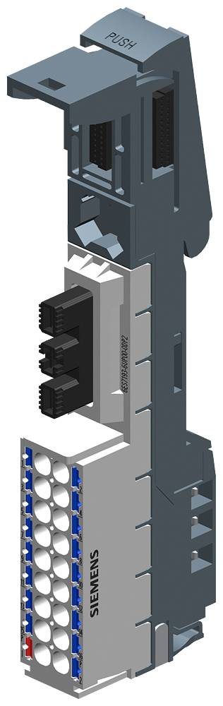 Moduł elektroniki przemysłowej w kolorze szarym z logo Siemensa, ze stykowymi złączami od góry, opisany z boku.