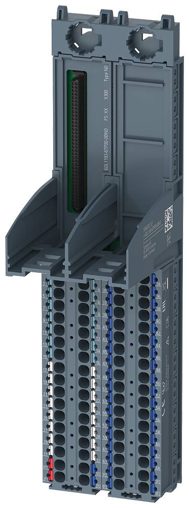 Moduł elektroniczny z gniazdami i zaciskami przyłączeniowymi, przeznaczony do zastosowań w sterowaniu przemysłowym.