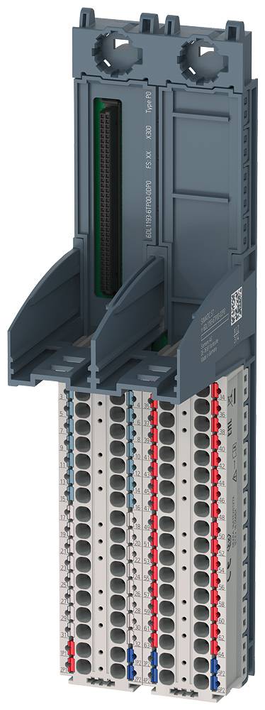 Szary, pionowy moduł rozdzielczy z wieloma zaciskami przyłączeniowymi. Przeznaczony do elektrycznego łączenia i organizacji przewodów.