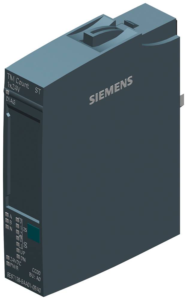 Ciemnoszary moduł Siemensa z napisem 'TM Count I 24V'. Posiada kilka wskaźników statusu i jest przeznaczony do zastosowań przemysłowych.