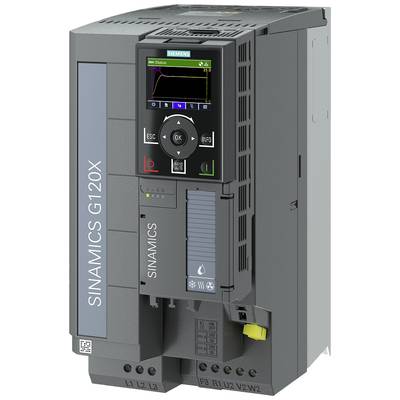 Przemiennik przemysłowy 'SINAMICS G120X' firmy Siemens, z wyświetlaczem i elementami sterującymi na przedniej stronie. Używany do sterowania silnikami.