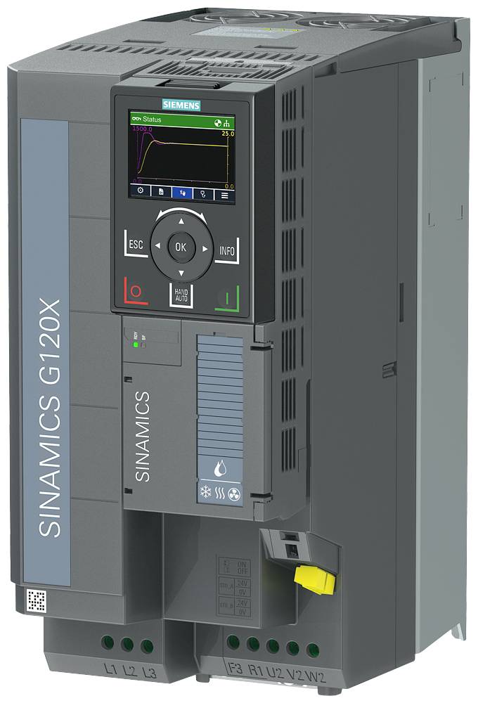 Przemiennik częstotliwości Siemens model SINAMICS G120X, prezentujący elementy sterujące oraz wyświetlacz pokazujący dane techniczne.