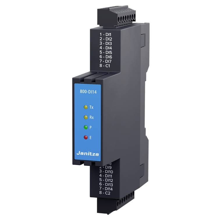 Cyfrowy moduł wejściowy z napisem '800-DI14' firmy Janitza. Przedstawia bloki dla różnych wejść cyfrowych.