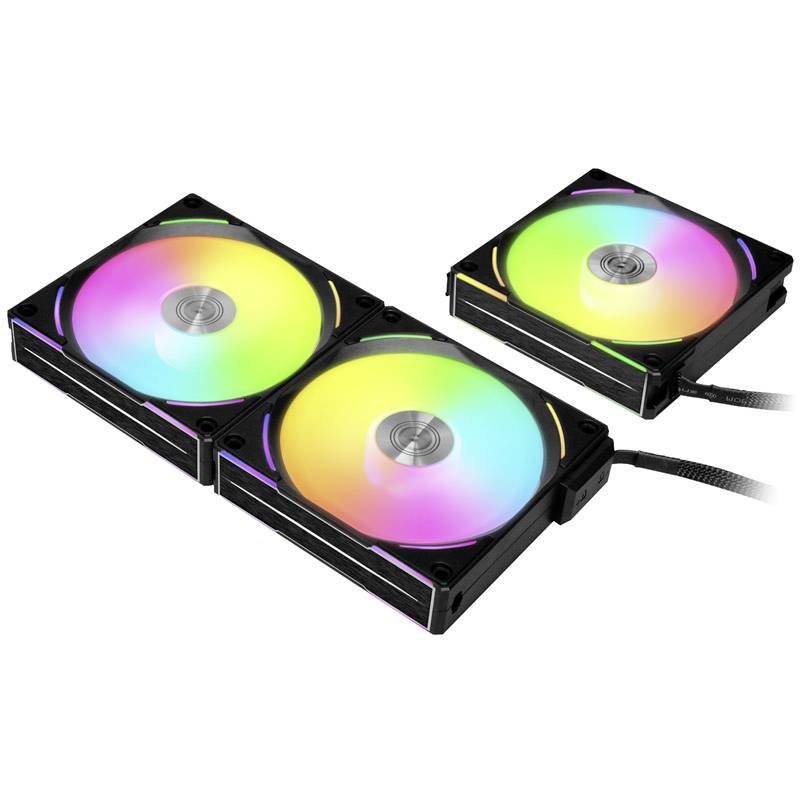 Dwa wentylatory z podświetleniem RGB, jeden podwójny, drugi pojedynczy. Oba mają czarne ramki i są zamontowane na prostokątnych radiatorach.