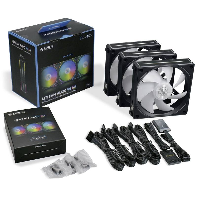 Zestaw wentylatorów do gier składający się z trzech czarnych wentylatorów, dwóch opakowań, kabli i akcesoriów; idealny do chłodzenia komputera.