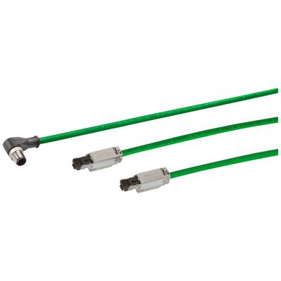 Zielony kabel Ethernet z wtyczką kątową i dwoma wtyczkami prostymi. Odpowiedni do zastosowań przemysłowych.