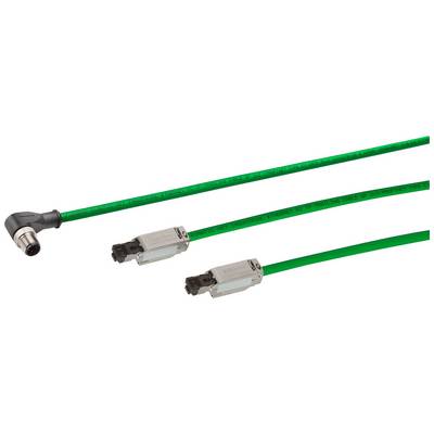 Zielony kabel Ethernet z dwoma wtykami, jeden pod kątem prostym, drugi prosty, idealny do zastosowań przemysłowych.